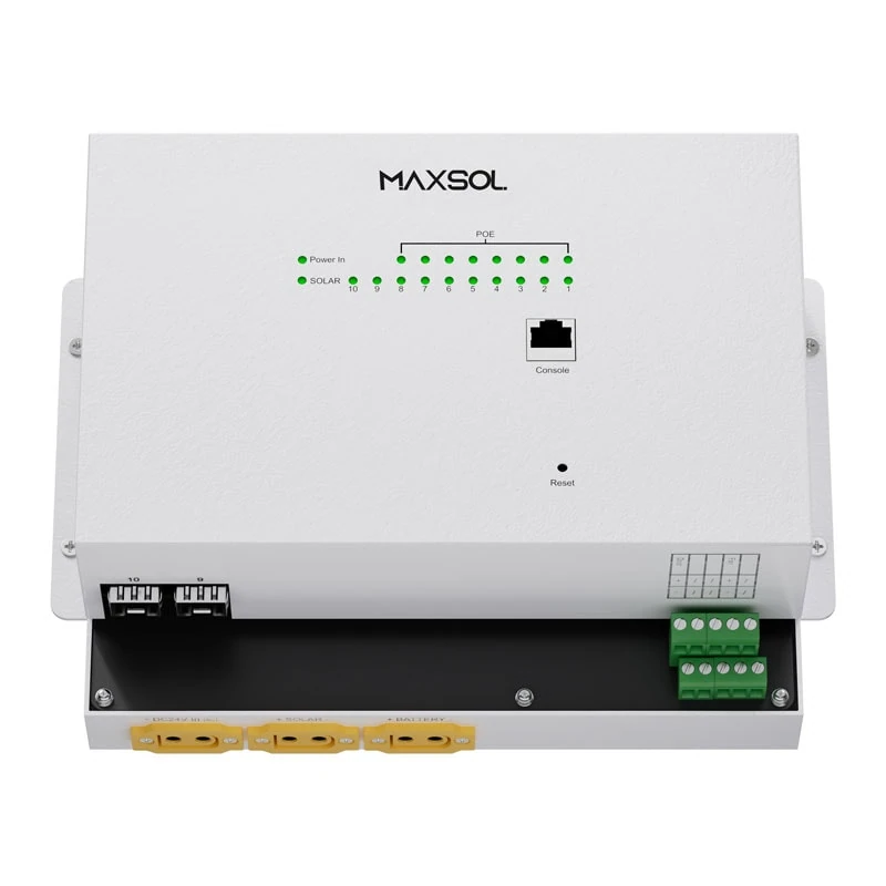 Maxsol managed solar industrial PoE switch with Ethernet, SFP and power connection ports